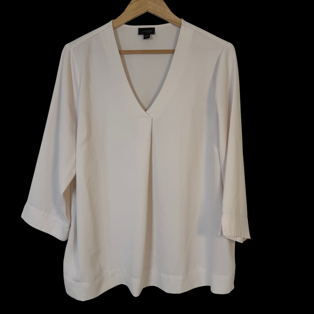 J. Jill Wearever Blouse Womens Large White Excellent V-Neck 3/4 Sleeve Pleated